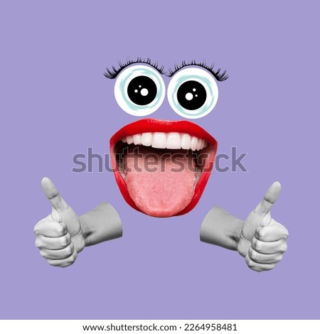 Happy cartoon face with woman mouth with red lips showing tongue and the thumb up gesture with hands on purple color background. 3d trendy collage in magazine style. 3d contemporary art. Modern design