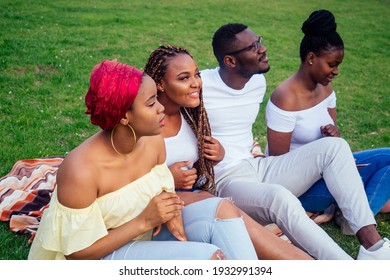 Happy Casual America African People Having Fun And Eating Burger Outdoors Lifestyle,students For A Break Summer Evening Cloudy Weather In Park