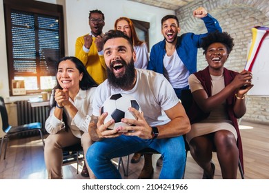 Happy Casual Business People Or Football Fans Watching Soccer On Tv And Celebrating Victory. Friendship, Sports And Entertainment Concept.