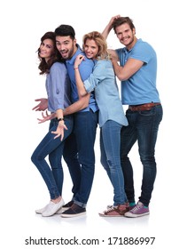 Happy Casual Group Of Young People Having Fun Together On White Background