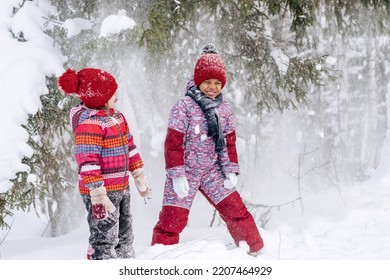 Happy Caucasian and African-American girls are walking in a winter park, shaking snow from snow-covered trees.Winter fun,active lifestyle concept. - Shutterstock ID 2207464929