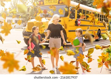 Happy Caucasian Children Elementary Student Running By Yellow Bus On First September Day. Education And Back To School In Autumn Fall. Excited Child Kid On Schoolyard Outdoors. Web Banner Header.