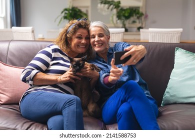 Happy Caucasian Senior Female Friends Taking Selfie With Cat While Sitting On Sofa At Home. Unaltered, Lifestyle, Friendship, Domestic Life, Leisure And Togetherness.