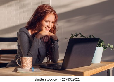 Happy Caucasian Teen High School Student Studying With Laptop Books Doing Online Research Homework Assignment, Smiling Teenage Girl Using Computer Online Education Concept