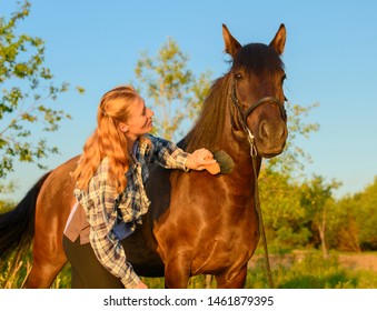 The happy Caucasian woman is grooming her bay horse with a body brush in outdoors in summer. - Powered by Shutterstock