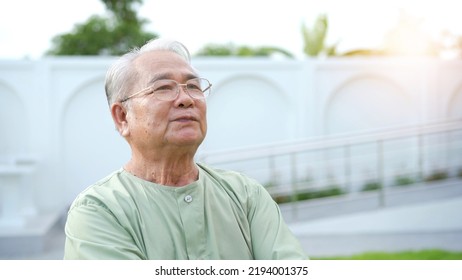 Happy - cheerful Asian elder adult age between 70-80 years old relaxing at the park. Mental health care and wellness in elderly people concept. Happy old man standing at the park and smiling. - Shutterstock ID 2194001375