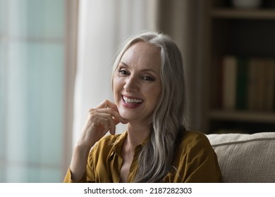 Happy Cheerful Pretty Mature Woman Candid Head Shot Portrait. Joyful Beautiful Long Grey Haired Lady Looking Away With Toothy Smile, Laughing, Speaking, Touching Chin. Elderly Age, Beauty Care