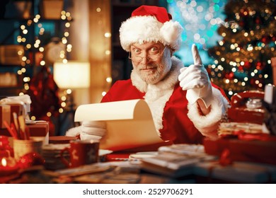 Happy cheerful Santa Claus sitting at his desk, reading letters and pointing with a finger, Chistmas time concept - Powered by Shutterstock