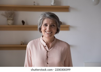 Happy cheerful senior 60s grey haired lady indoor head shot portrait. Positive mature woman in casual looking at camera with toothy smile, posing at home, laughing - Powered by Shutterstock