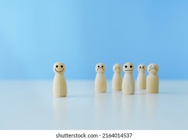 Happy or cheerful wooden doll with smile facial expression. Concept of positive thinking energy, good mind or mindset and optimistic. Self love or wellbeing conceptual - Shutterstock ID 2164014537