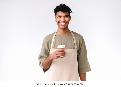 Happy Cheerful Young African Barman With A Cup Of Coffee Isolated Over White Background