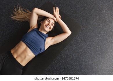 Happy Cheerful Young Sportswoman Finish Productive Training Session, Lying Rubber Mat Pleasant Fatigue, Smiling Accomplished Workout, Rest After Bicycle Crunches Fitness Exercise, Love Sports
