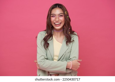 Happy cheerful young woman laugh looking at camera with joyful and charming smile isolated on pink studio background. - Powered by Shutterstock