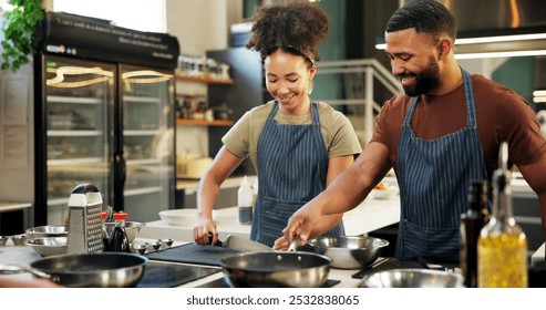 Happy, chef and helping in kitchen, cooking and listening to instruction, mentor or teaching in hospitality. Professional, apprentice and learning of culinary student, smile or skills for fine dining - Powered by Shutterstock