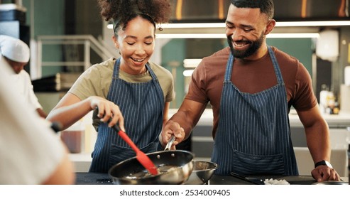 Happy, chef and mentor in kitchen, cooking and listening to instruction, helping or teaching in hospitality. Professional, apprentice and learning of culinary student, smile or skills for fine dining - Powered by Shutterstock