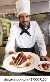 Happy Chef Offering Chocolate Cake To Camera In A Commercial Kitchen