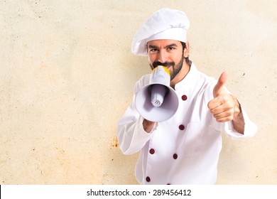 Happy Chef Shouting By Megaphone