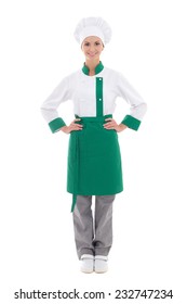 Happy Chef Woman In Uniform - Full Length Isolated On White Background