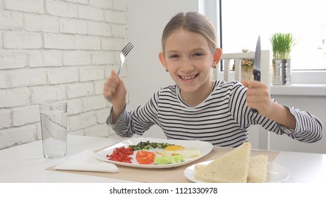 Happy Child Before Eating Breakfast In Kitchen, Laughing Little Girl, Healthy Food For Kids