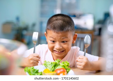 Happy Child Boy Eating Vegetables Home Stock Photo 1701140602 ...