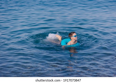 Happy Child Boy Swims Sea Swimming Stock Photo 1916060500 