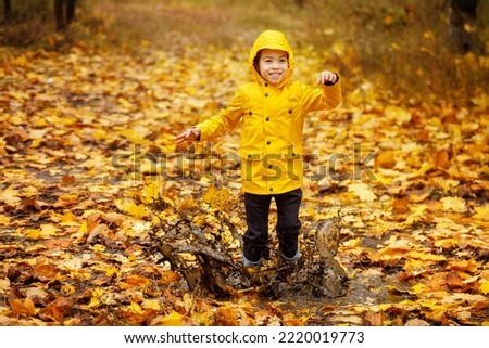 Similar – Image, Stock Photo Sun always shines after the rain. Small bond infant boy wearing yellow rubber boots and yellow waterproof raincoat walking in puddles in city park on sunny rainy day.