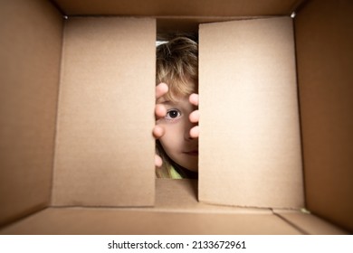 Happy Child With Cardboard Box, Unpacking Parcel From Internet Store. Kids Client Satisfied With Fast Delivery Service. Child With Open Box. Close Up Eyes Looking.