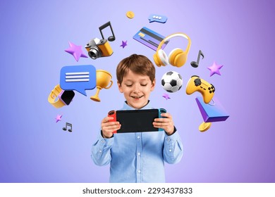 Happy child with console in hands, playing video games, streaming music and video in internet. Concept of fun, online entertainment and shopping