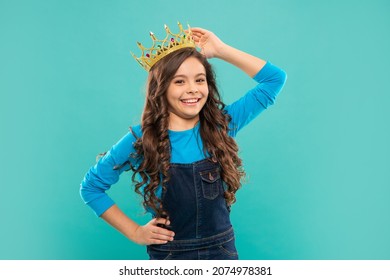 Happy Child In Crown. Self Confident Queen. Expressing Smug. Arrogant Princess In Tiara.