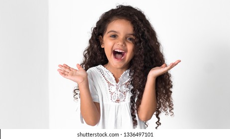 Happy Child Curly Hair Brazilian Brunette Girl Kids Hispanic Beautiful Big Smile Smiling Lively Excited Isolated White Background