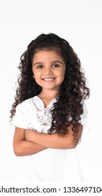 Happy Child Curly Hair Brazilian Brunette Girl Kids Hispanic Beautiful Big Smile Smiling Lively Excited Isolated White Background