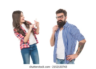 Happy Child Daughter Take Picture Of Bearded Man Father Posing With Prop Glasses, Photobooth