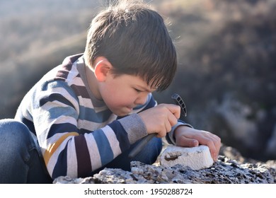 Alles Gute beim Ausgraben des Dinosauriers und beim Spaß mit dem Ausgrabungskit für Archäologie. Boy spielt einen ausgegrabenen Archäologen und trainiert Fossil graben