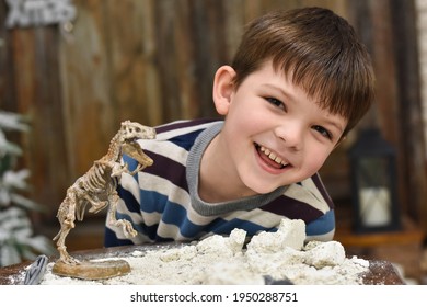 Happy Child Digging The Dinosaur And Having Fun With Archaeology Excavation Kit. Boy Plays An Archaeologist Excavated, Training For Dig Fossil