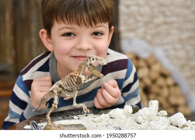Alles Gute beim Ausgraben des Dinosauriers und beim Spaß mit dem Ausgrabungskit für Archäologie. Boy spielt einen ausgegrabenen Archäologen und trainiert Fossil graben