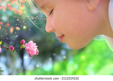 Happy child enjoying nature outdoors. Sunlit  little girl smelling spring blossom  tree. Sakura blossom