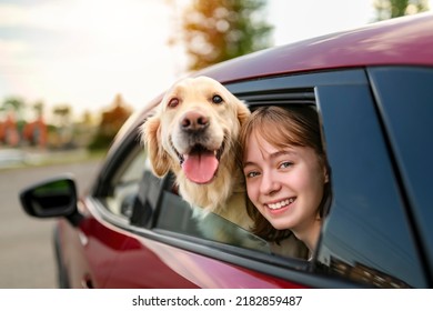 A happy child girl and dog Golden Retriever looking out the open car window - Powered by Shutterstock