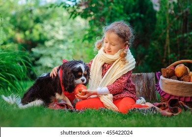 Happy Child Girl With Her Dog Harvesting Apples In Autumn Garden, Kid Training Her Dog And Feed Him