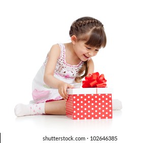 happy child girl opening gift box