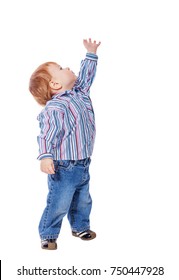 Happy Child Little Boy Standing Looking Up Isolated On White