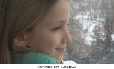 Happy Child Looking On Window, Kid Girl Dreaming Snowball Fight, Snowman Winter