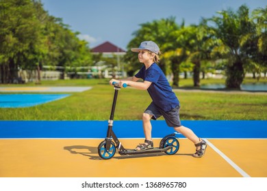 Happy child on kick scooter in on the basketball court. Kids learn to skate roller board. Little boy skating on sunny summer day. Outdoor activity for children on safe residential street. Active sport