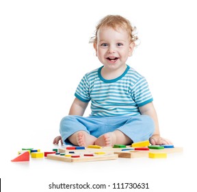 Happy Child Playing Educational Toys Isolated On White