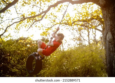 Happy Child Playing Tire Swing Hanging At Playground . Kids Play On School Or Kindergarten Yard. Active Kid Swing Healthy Summer Activity For Children. Little Boy Swinging On Rubber Ring.