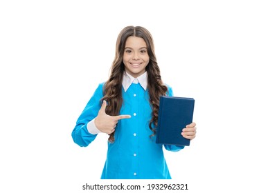 Happy Child Point Index Finger At School Book Isolated On White, Advertising.