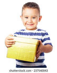happy child with a present on white background
