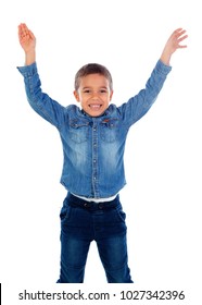 Happy Child Raising The Arms Isolated On A White Background