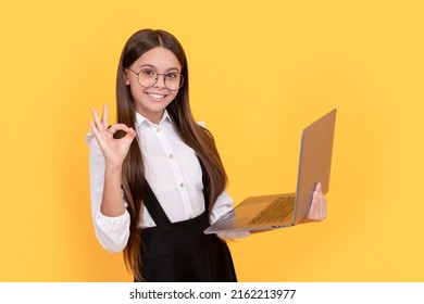 Happy Child In School Uniform And Glasses Study On Laptop With Ok Gesture, E Learning