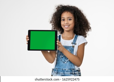 Happy child with tablet isolated on white background