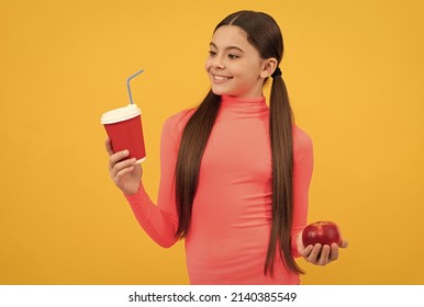 Happy Child With Takeaway Coffee Cup And Apple On Yellow Background, Lunch Time